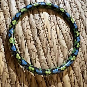 Vintage Green Enamel Cloisonné Bangle Bracelet Flower Clover